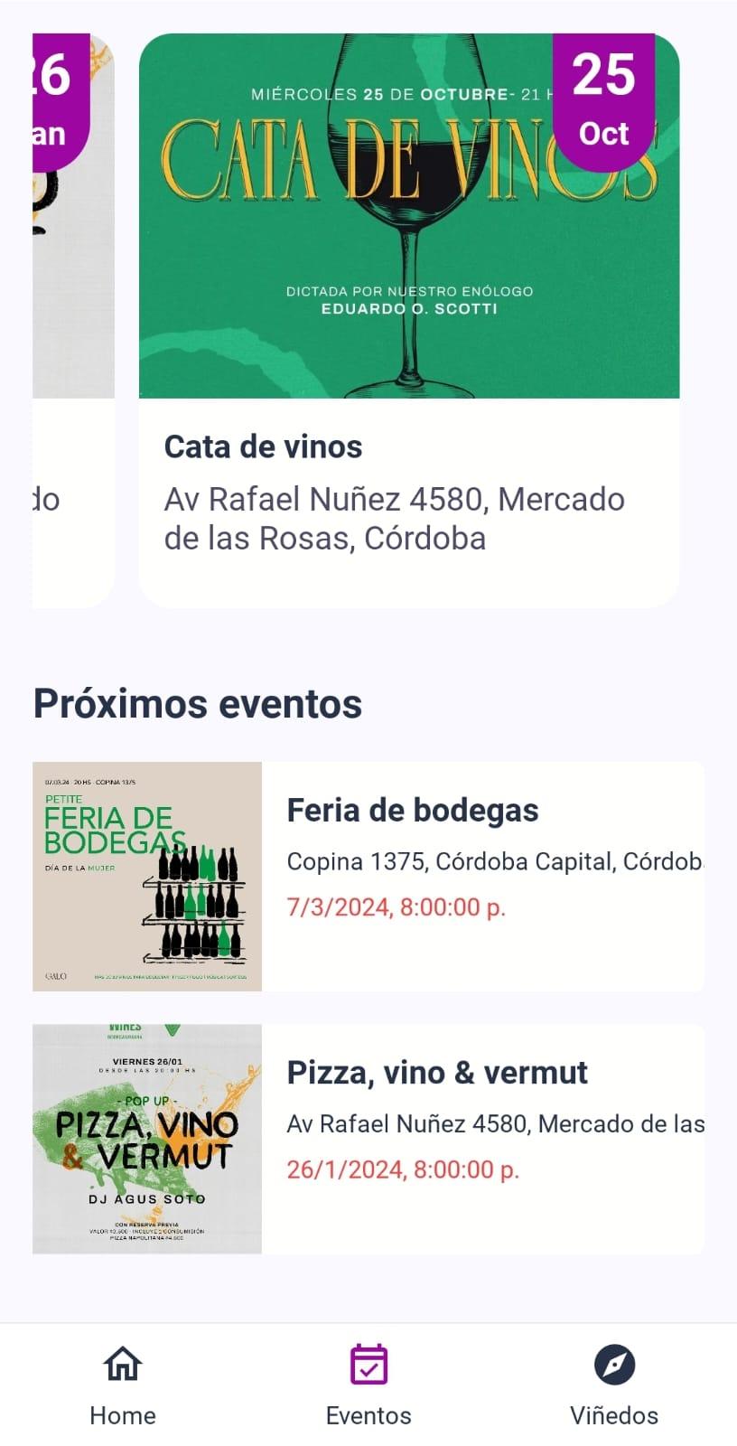 Agenda de eventos y catas en la app
