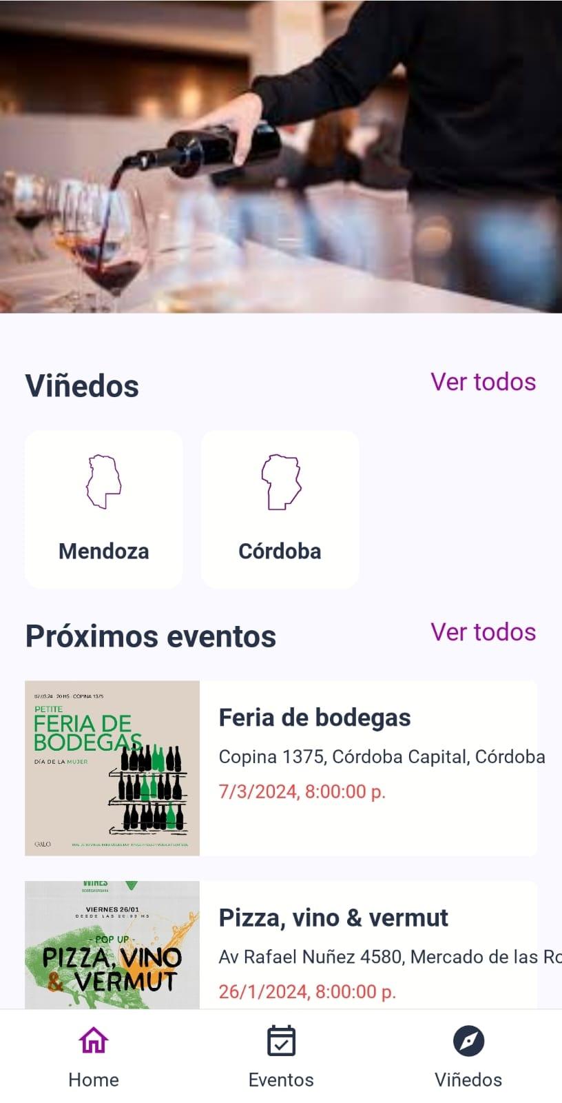 Inicio de la app, con viñedos y próximos eventos