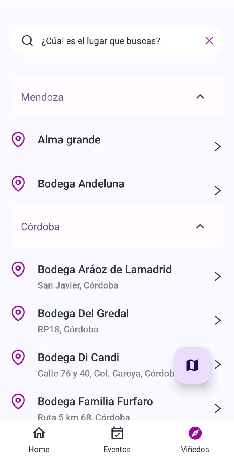 Listado de viñedos por región